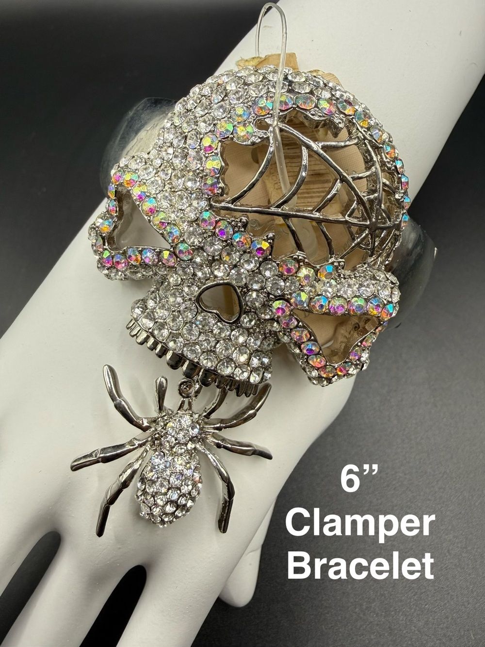 Designer Inspired Rhinestone Skull & Spider Clamper Bracelet Gothic